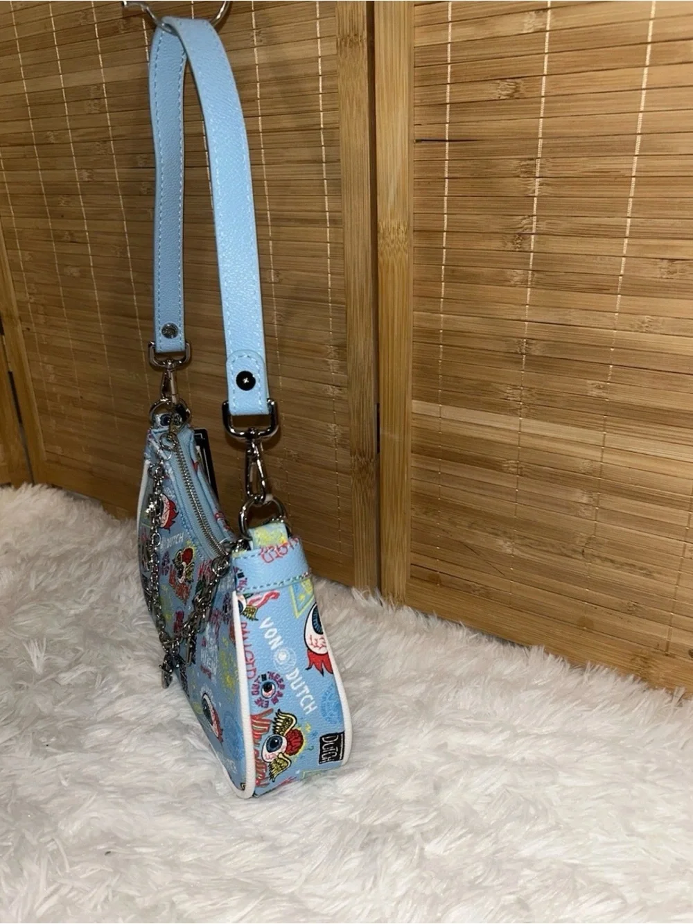 Von Dutch Blue Jax Shoulder Bag Y2K Eye Print Charm Chain Purse NWT Rare
